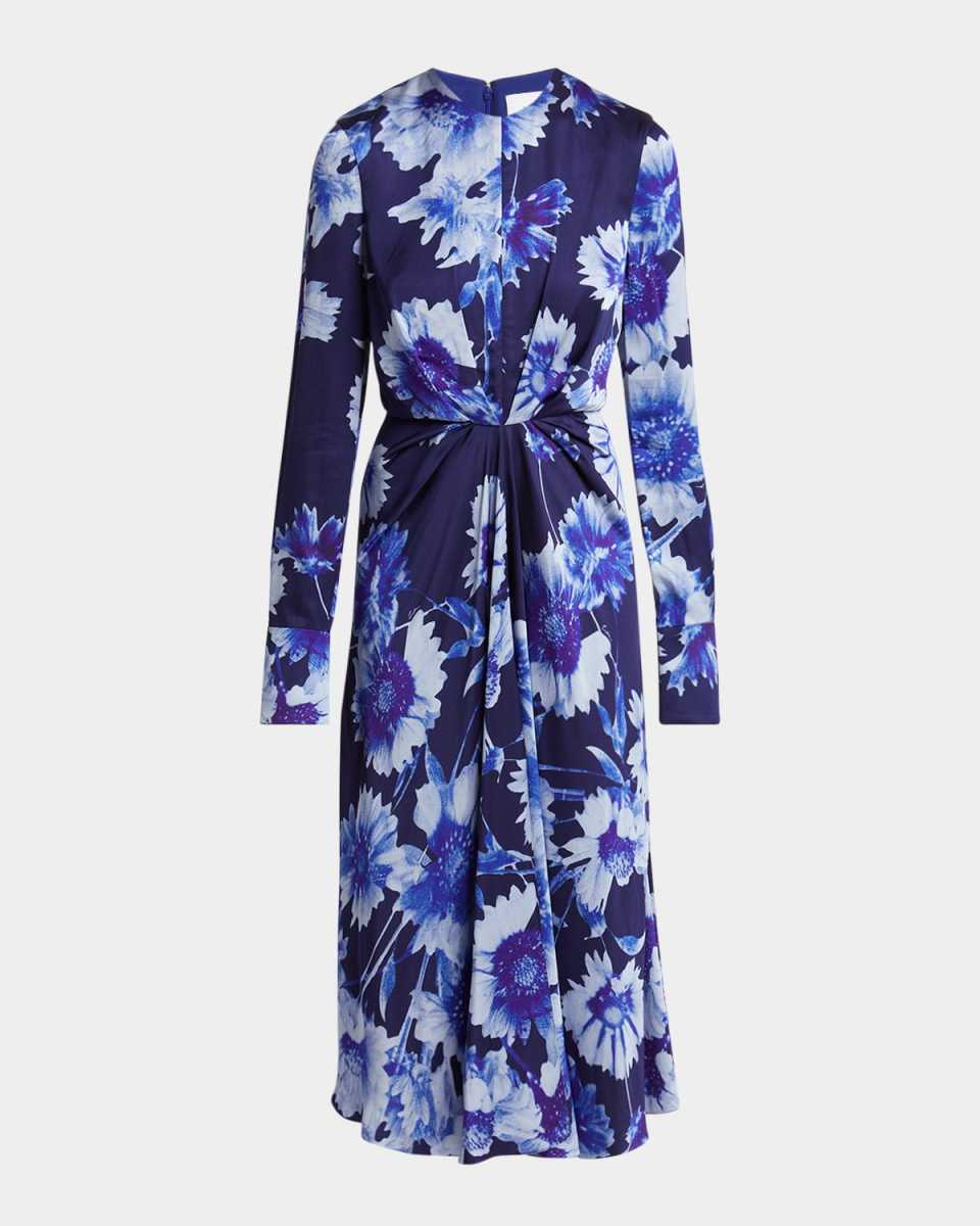 Floral Draped Long Sleeve Midi Dress
